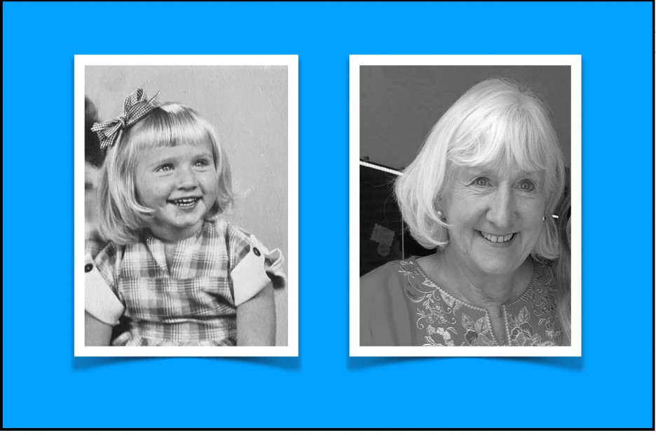 Two black and white photos side by side of Joanne, one as a smiling young girl and one as she looks today