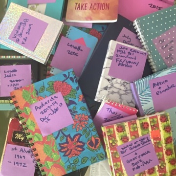 Handwritten travel journals, maps and postcards laid out on a desk