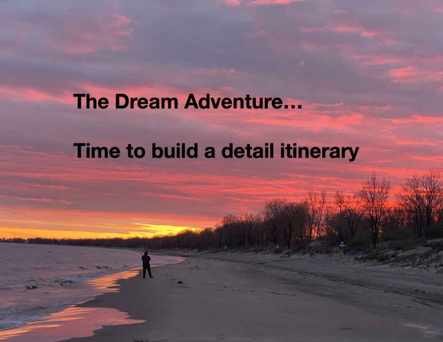 A sunset beach photo with the words 'The Dream Adventure... Time to build a detail itinerary'