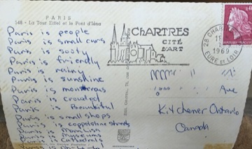 A handwritten postcard from a solo trip